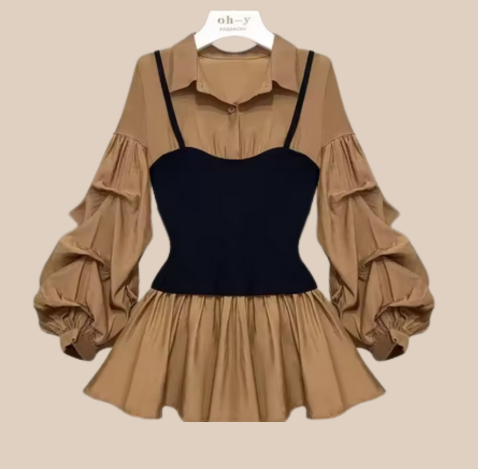 Modische Damenbluse – Fake-Two-Piece mit Puffärmeln & Taillierter Passform
