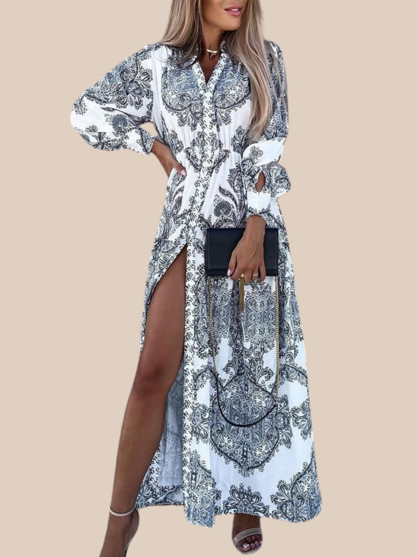Elegantes V-Ausschnitt-Maxikleid – Langarm, bedruckt, mit Schlitz im Boho Stil