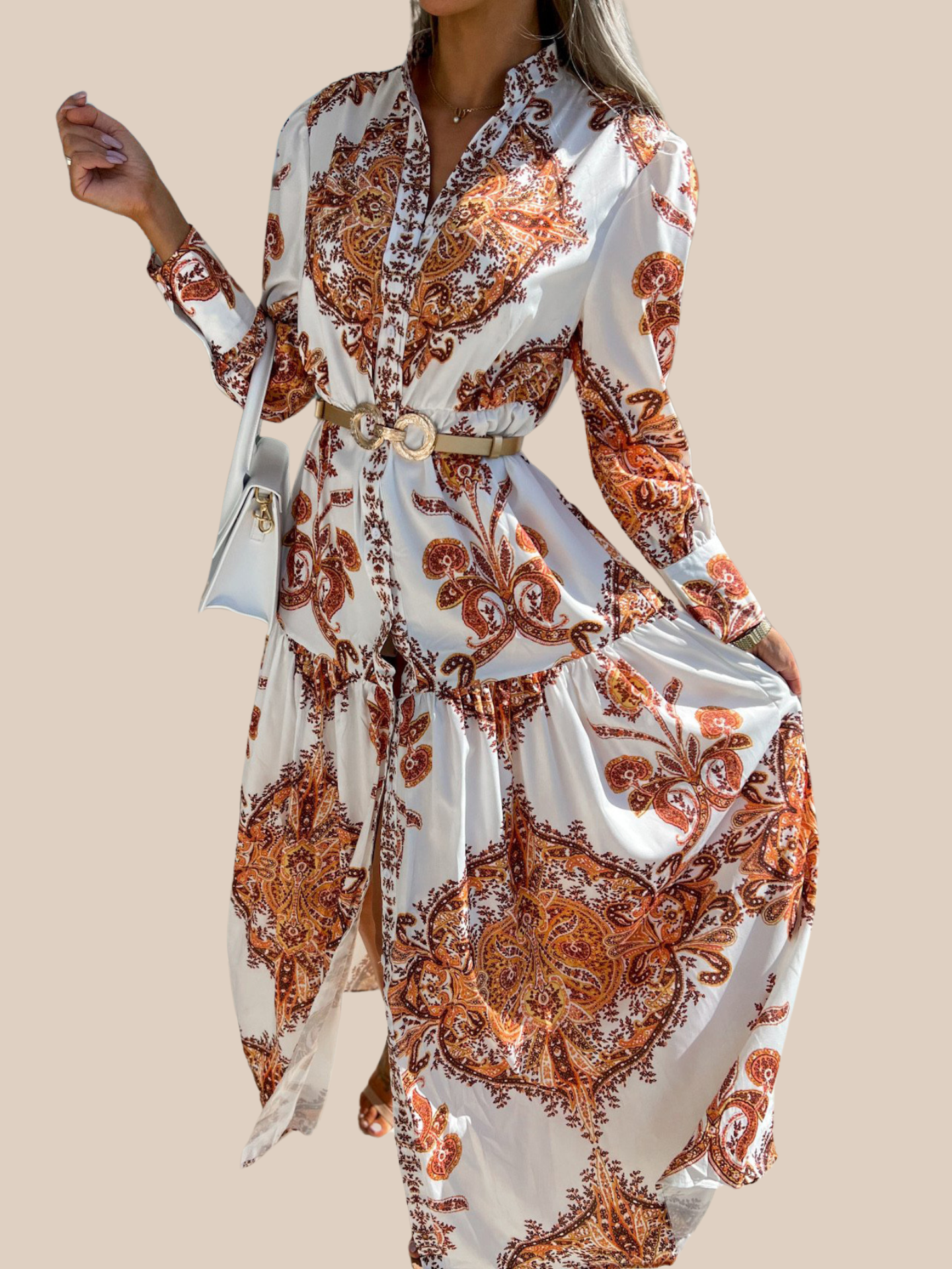 Elegantes V-Ausschnitt-Maxikleid – Langarm, bedruckt, mit Schlitz im Boho Stil