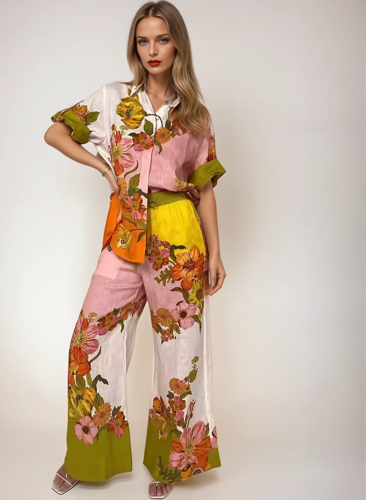 Elegantes Baumwoll-Leinen Set – Zweiteiler mit Print & Weiten Hosen