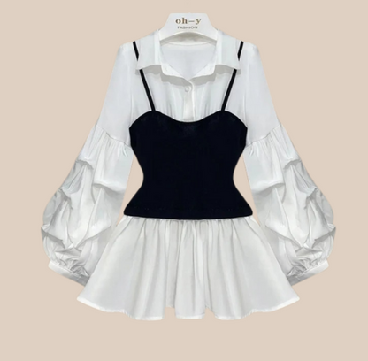 Modische Damenbluse – Fake-Two-Piece mit Puffärmeln & Taillierter Passform