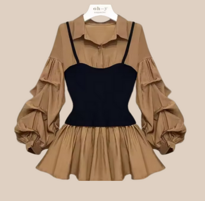 Modische Damenbluse – Fake-Two-Piece mit Puffärmeln & Taillierter Passform