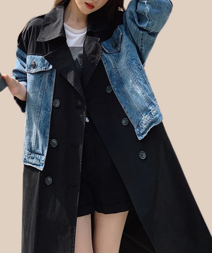 Oversized Patchwork-Windbreaker mit Jeans-Optik