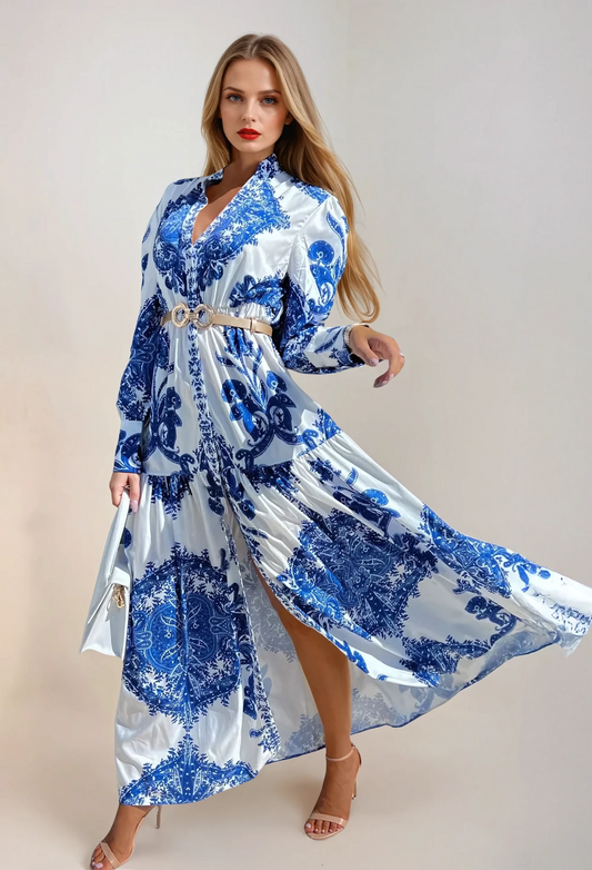 Elegantes V-Ausschnitt-Maxikleid – Langarm, bedruckt, mit Schlitz im Boho Stil