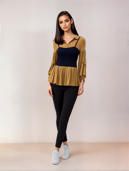 Modische Damenbluse – Fake-Two-Piece mit Puffärmeln & Taillierter Passform