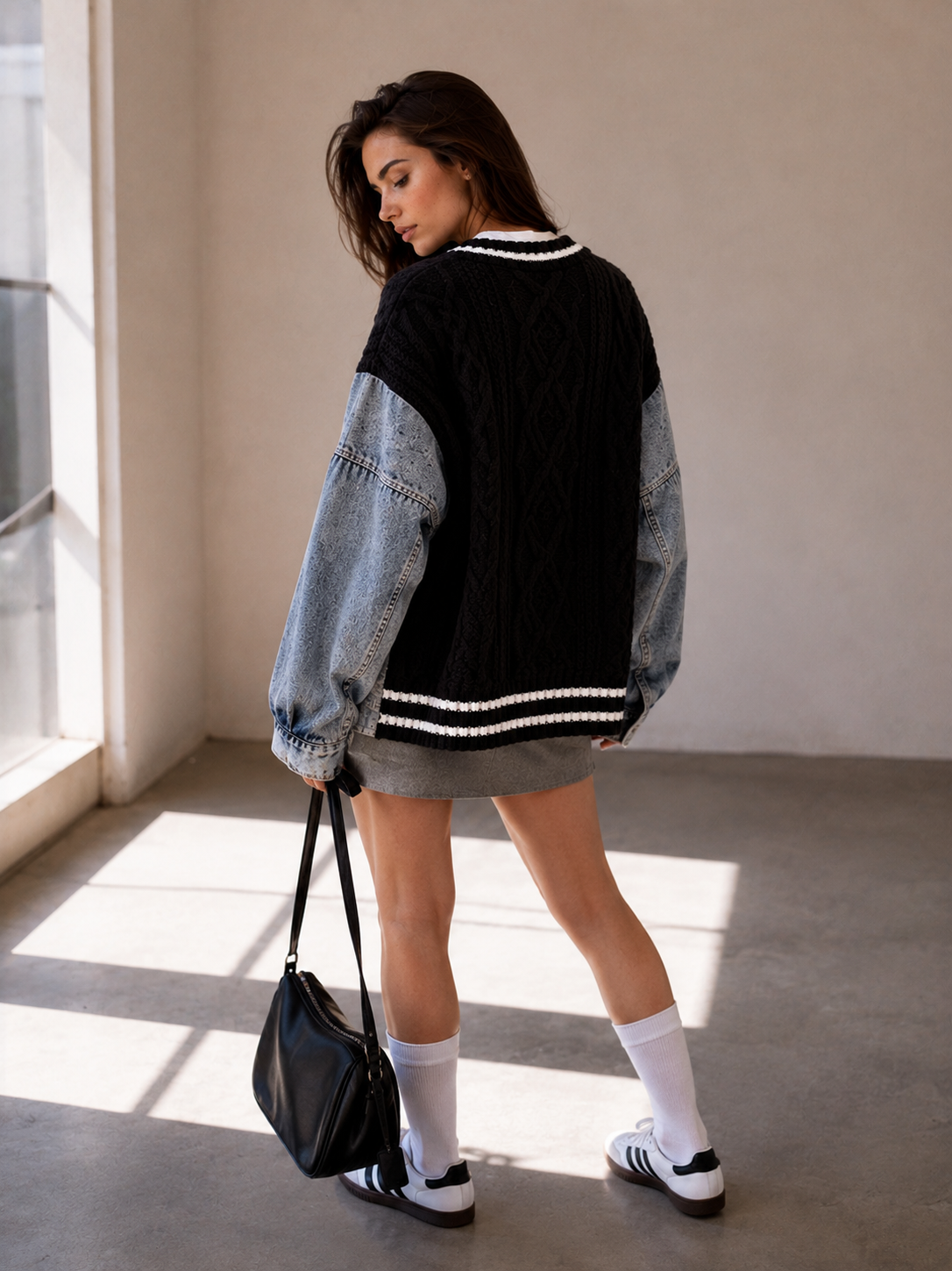 Denim Patchwork Knit Cardigan