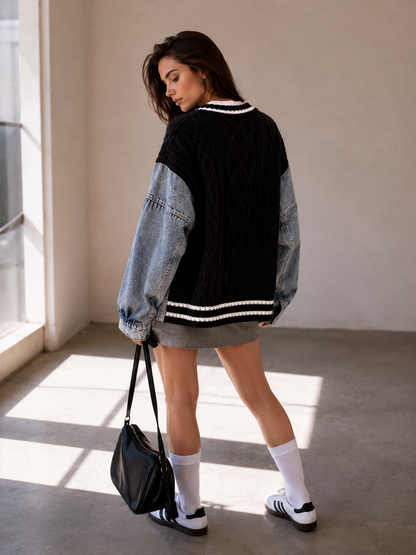 Denim Patchwork Knit Cardigan