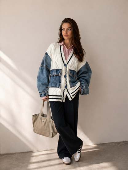 Denim Patchwork Knit Cardigan