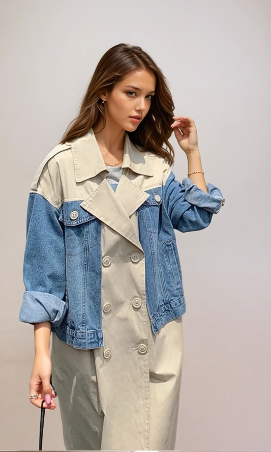 Oversized Patchwork-Windbreaker mit Jeans-Optik