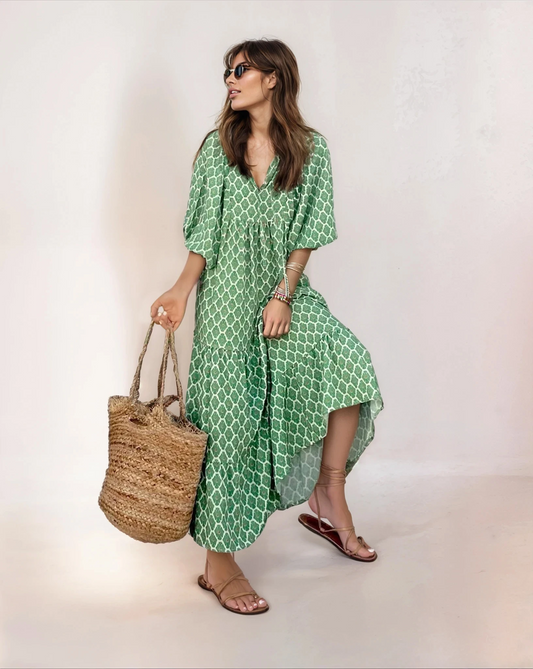 Fashionable plus size dress with pattern & puff sleeves