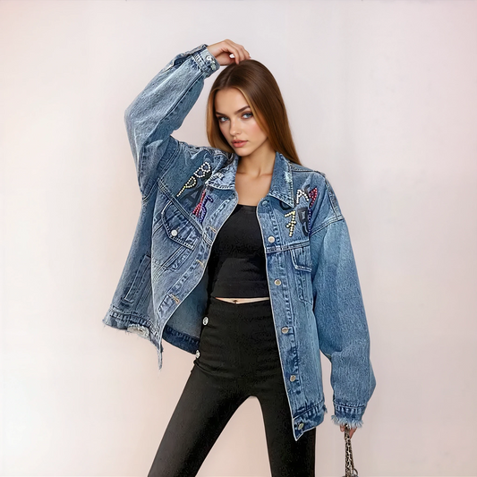 Oversize Jeansjacke mit auffälligem Teddy-Design
