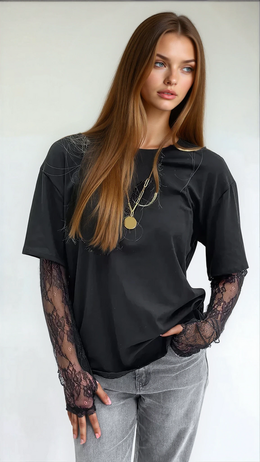 T-Shirt mit Spitzenärmeln