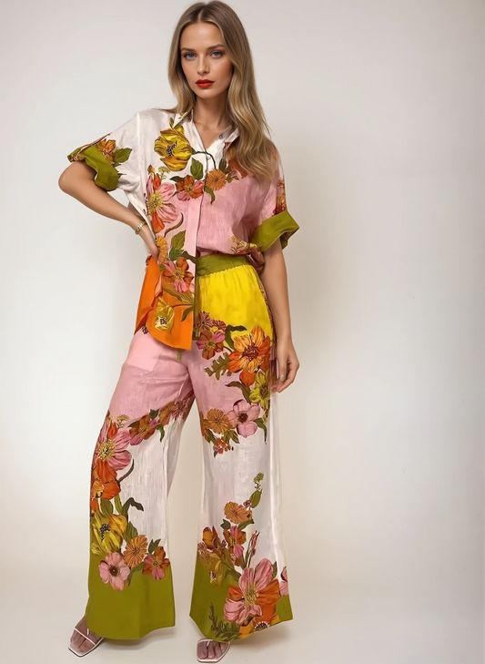 Elegantes Baumwoll-Leinen Set – Zweiteiler mit Print & Weiten Hosen