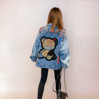Oversize Jeansjacke mit auffälligem Teddy-Design